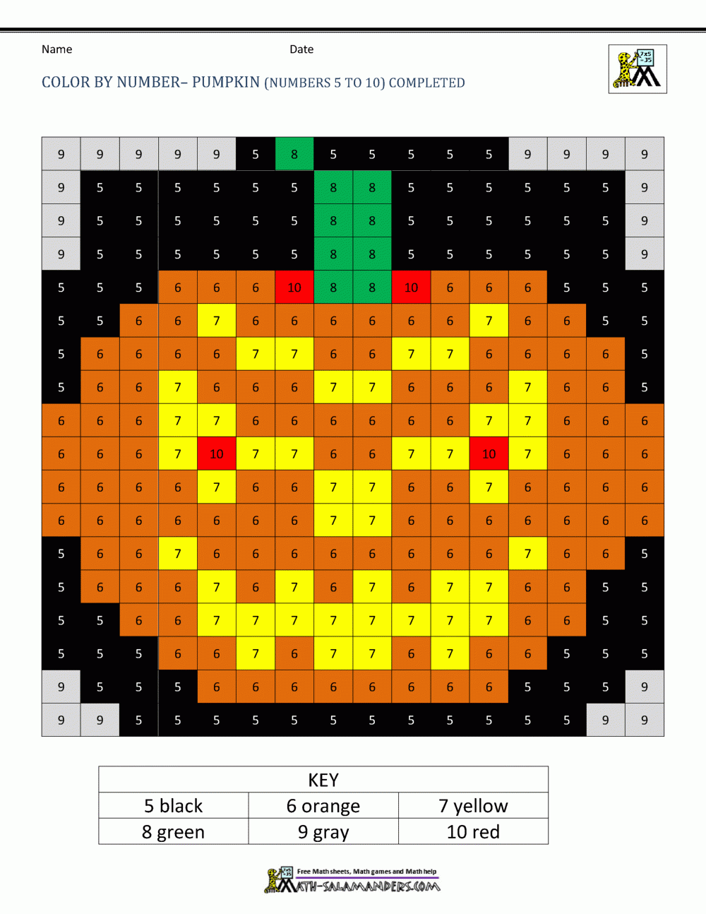 Math Worksheet ~ Halloween Colornumber Pumpkin Numbers