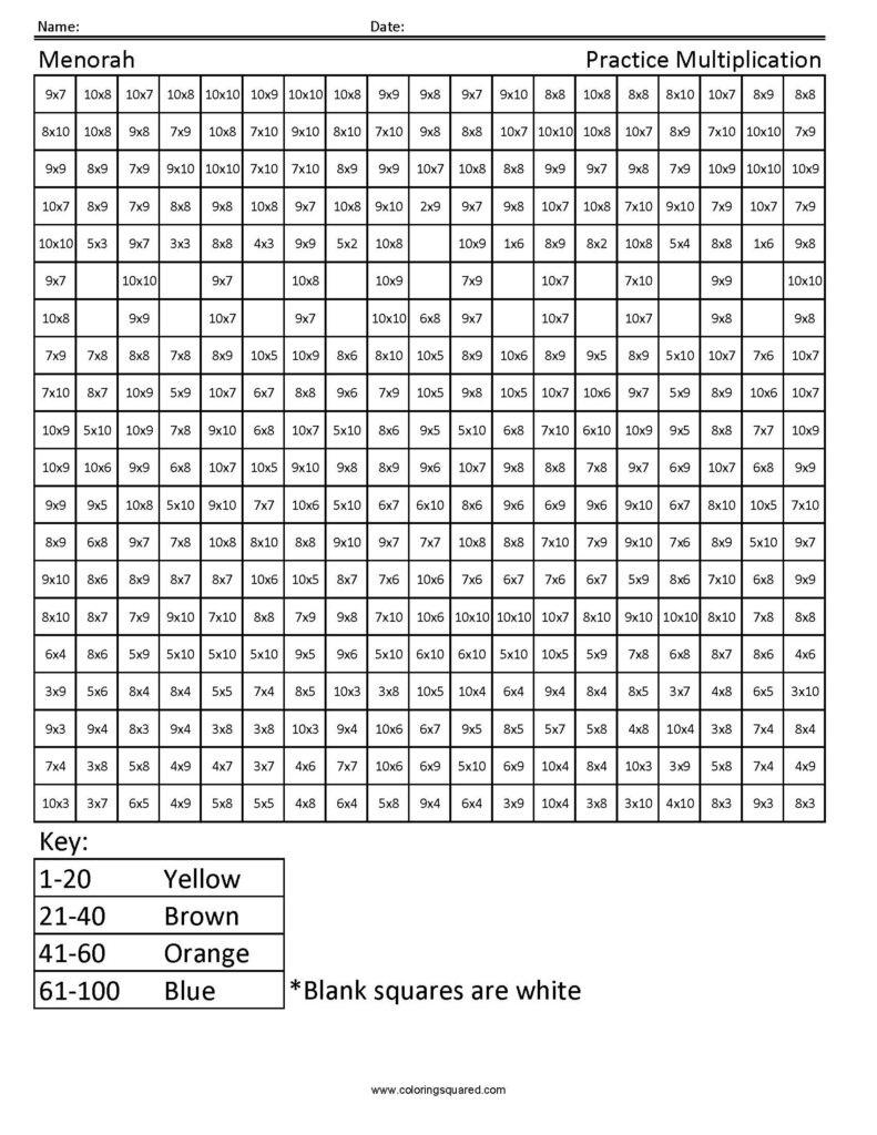 Menorah  Holiday Multiplication   Coloring Squared