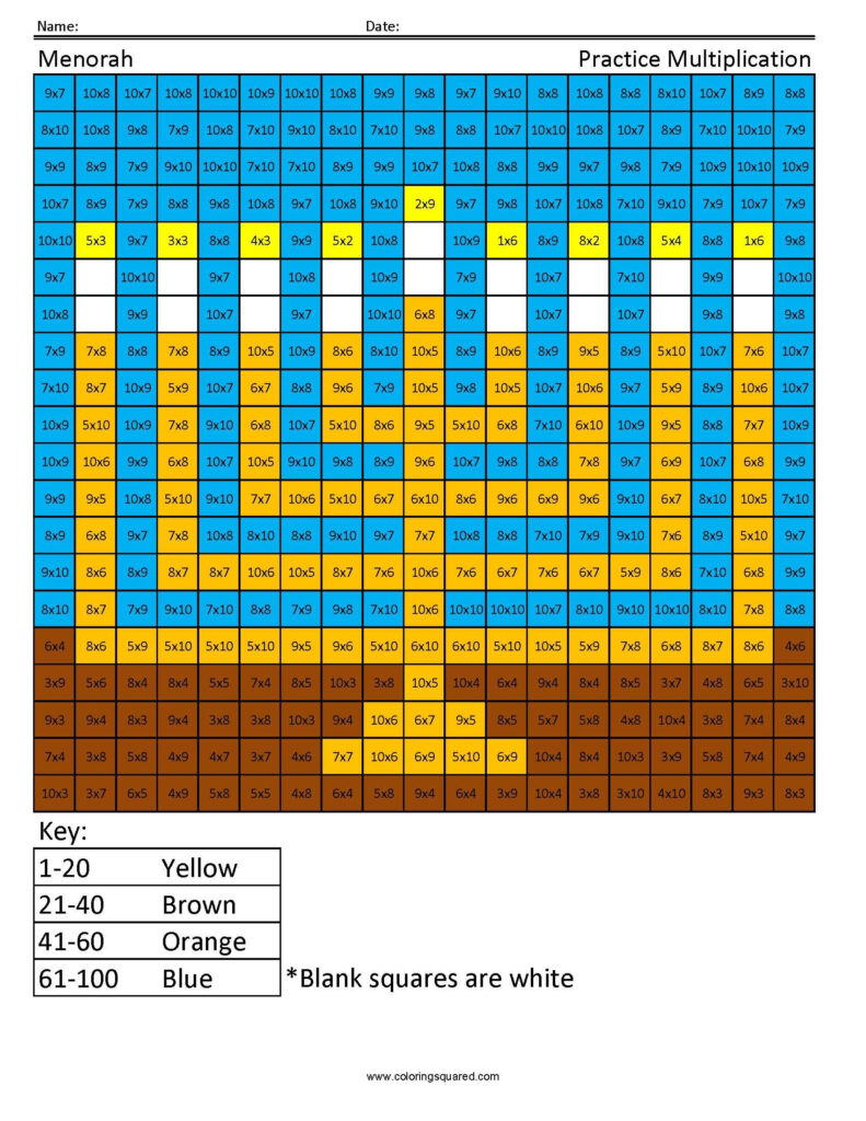 Menorah  Holiday Multiplication   Coloring Squared | Holiday