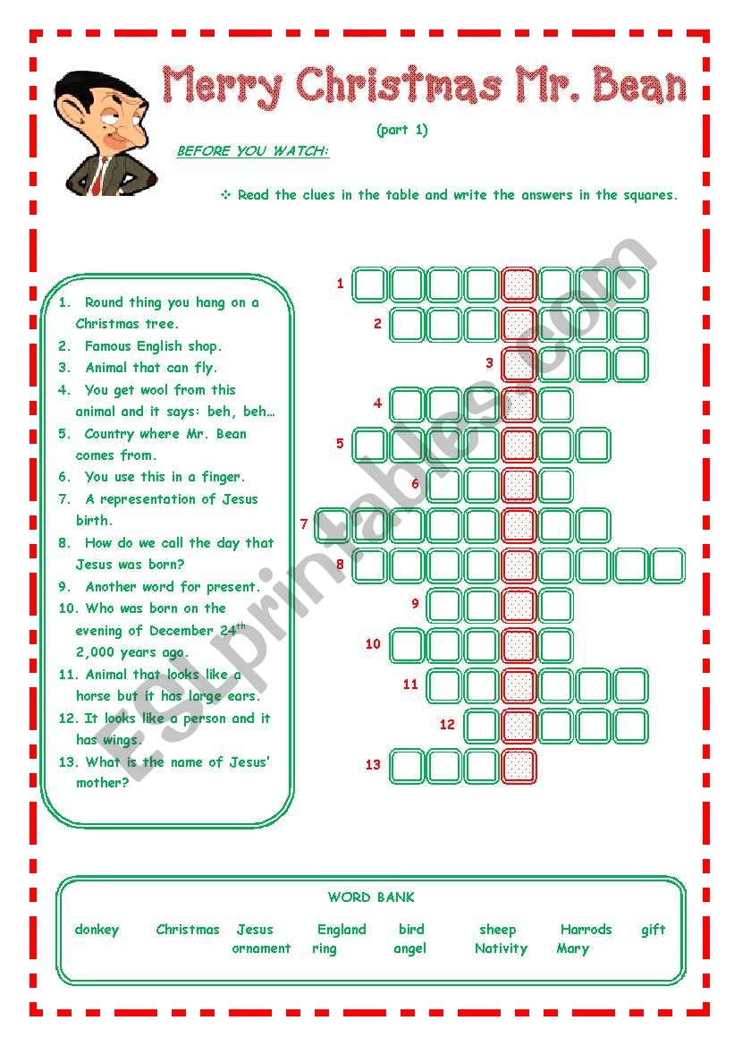 Merry Christmas Mr. Bean - - - 3 Pages - - - - Esl Worksheet