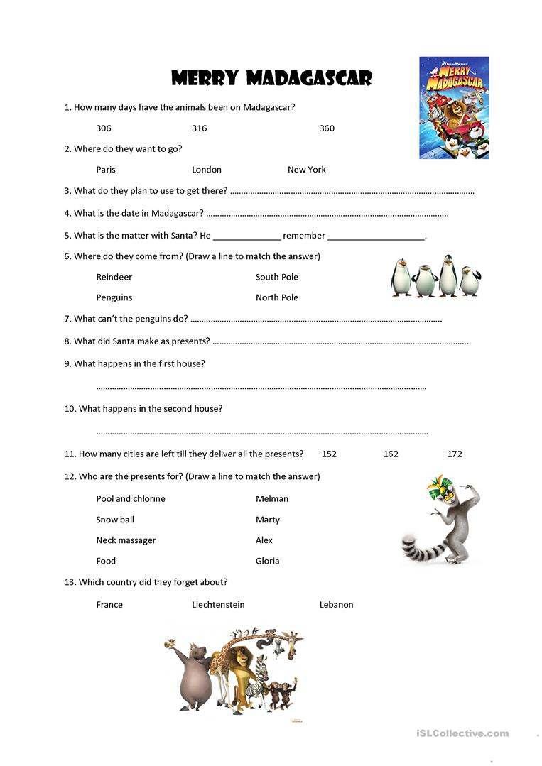 Merry Madagascar - Christmas Video - English Esl Worksheets