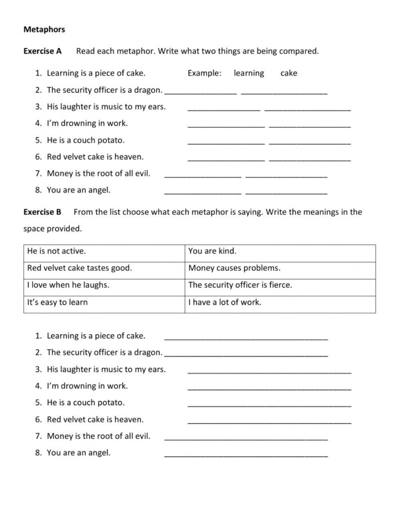 Metaphors Worksheet