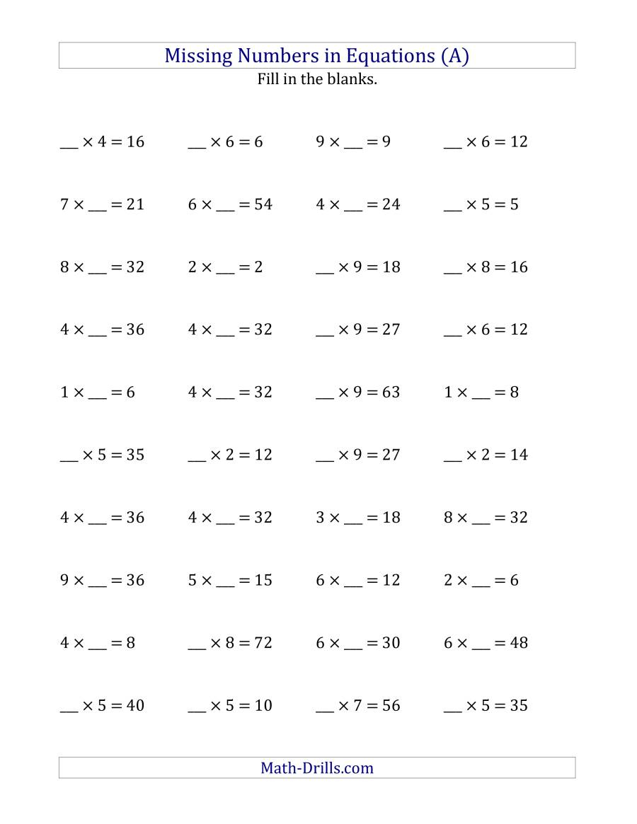 Missing Numbers In Equations Blanks Multiplication Range