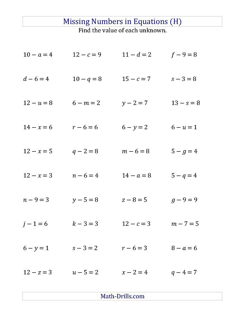 Missing Numbers In Equations (Variables) -- Subtraction