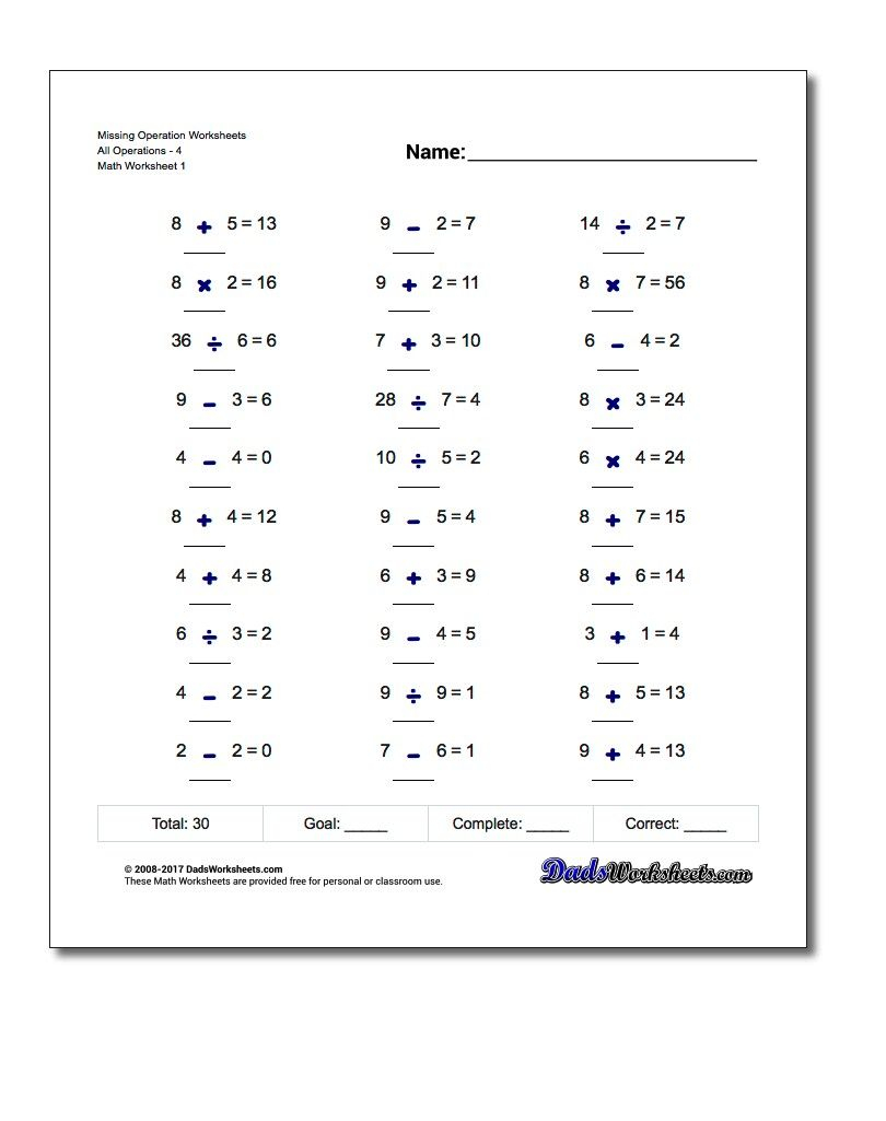 Missing Operation Worksheets (All Operations) | Subtraction