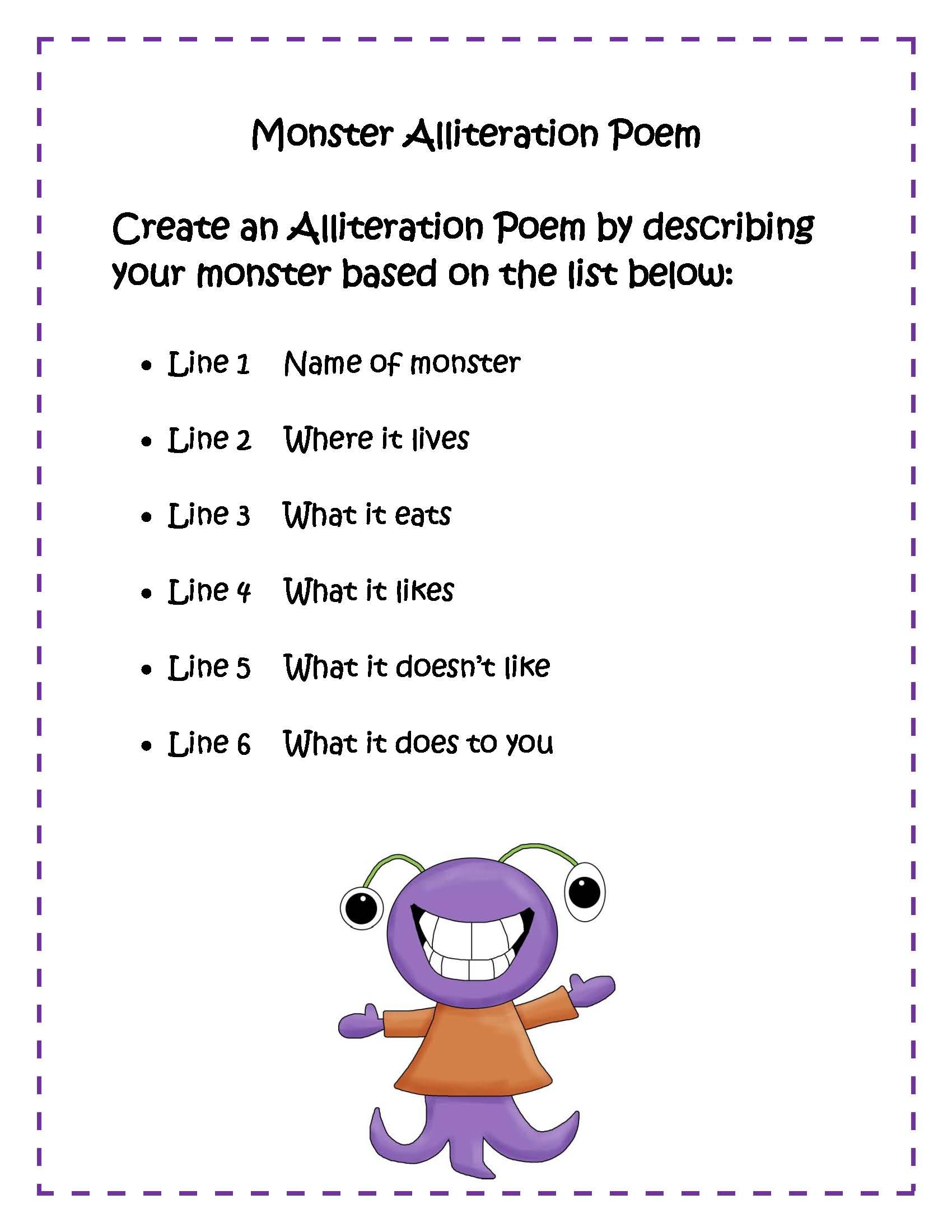 Monster Poem | Alliteration Poems, Alliteration, Poems About