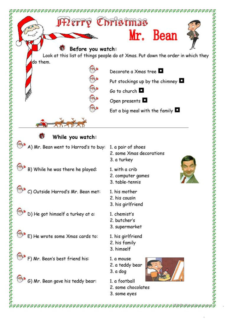 Mr Bean Merry Xmas   English Esl Worksheets For Distance