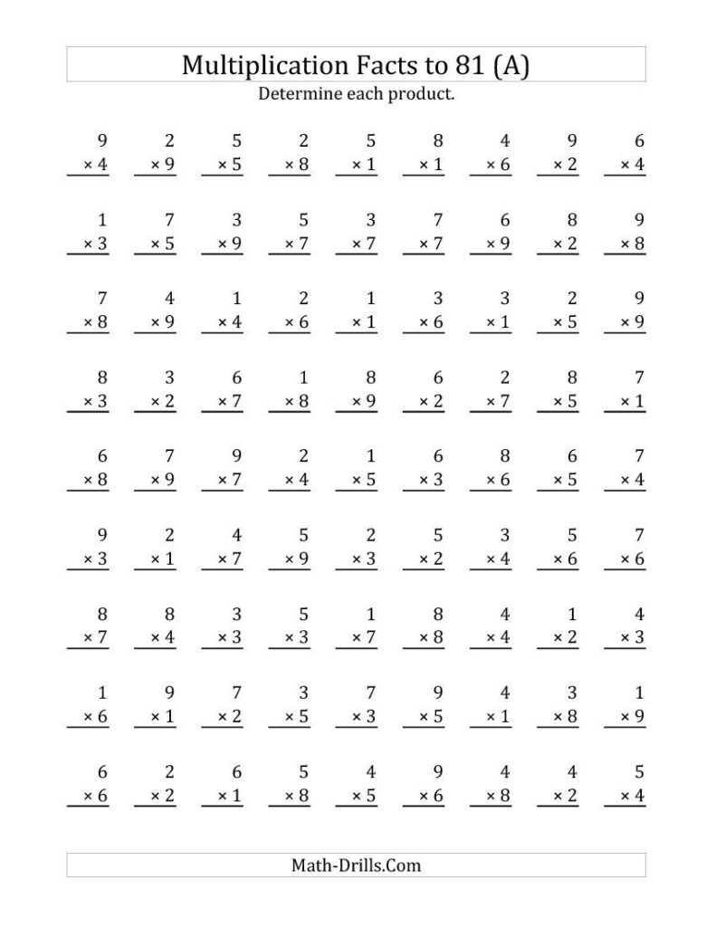 Multiplication Facts To 81 (A) Multiplication Worksheet