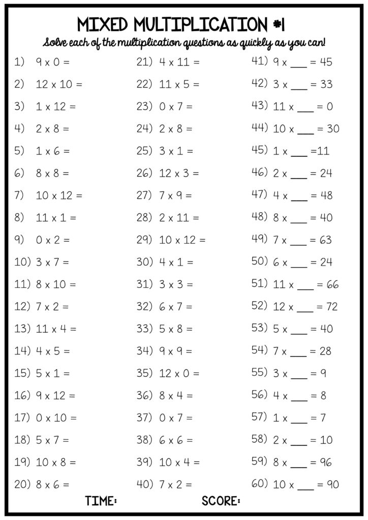 Multiplication Times Table Worksheets   Distance Learning