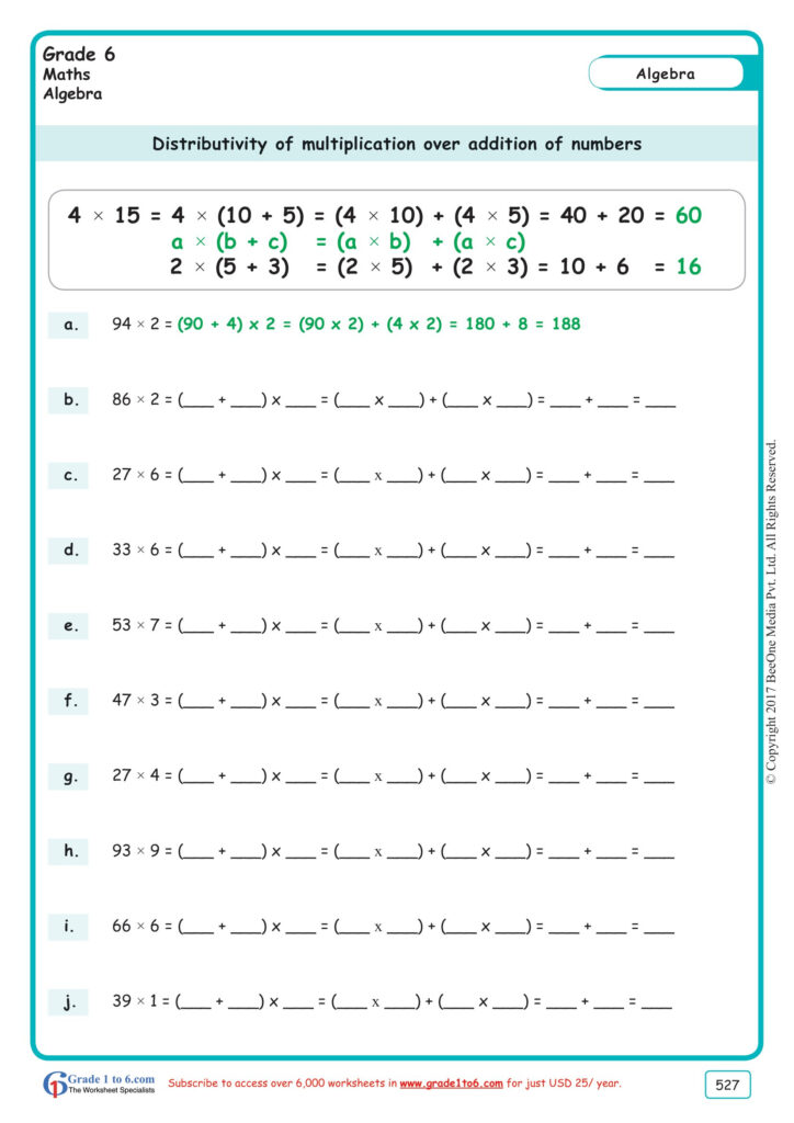 Multiplication Worksheets Grade Distributive Property Of