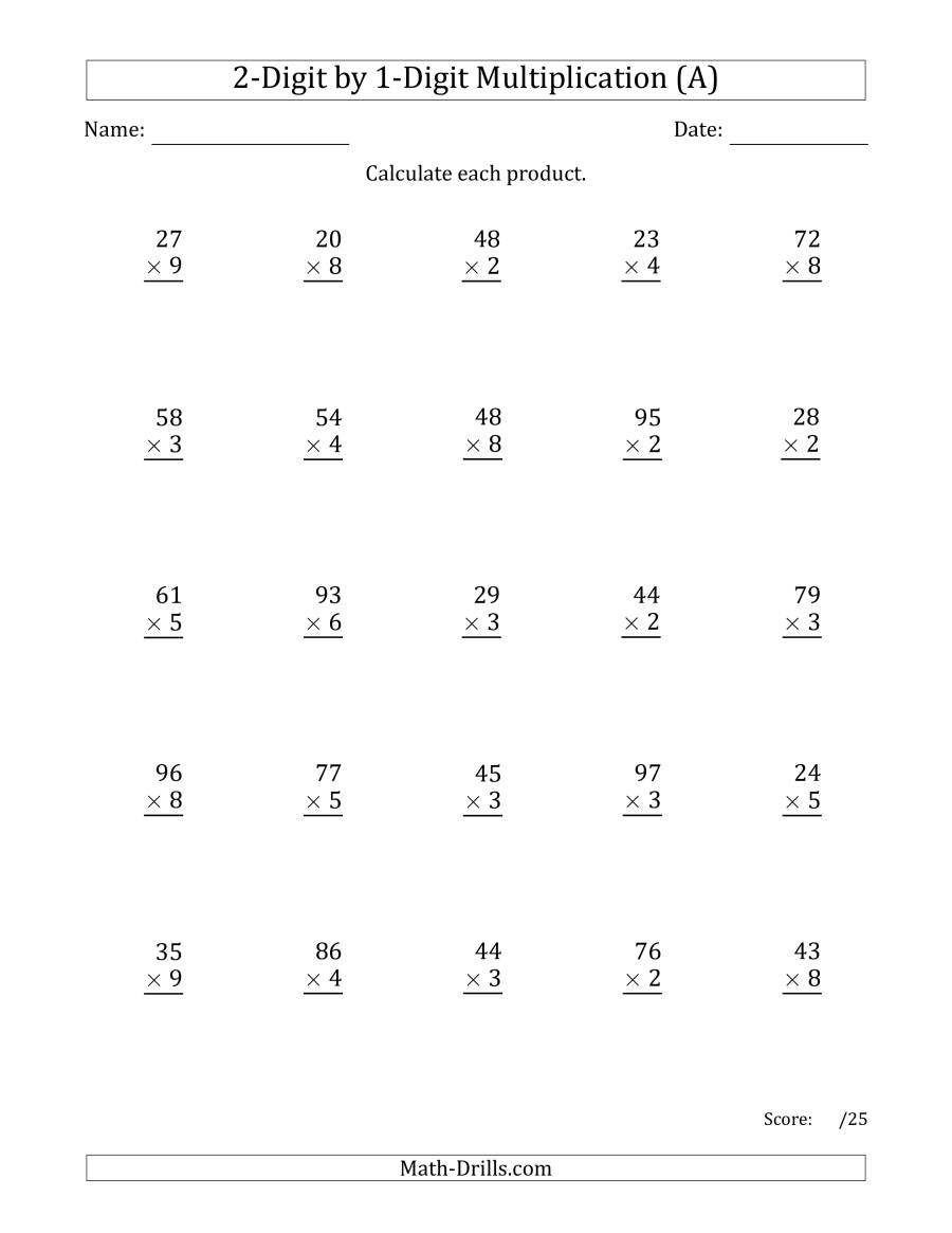 Multiplying 2-Digit1-Digit Numbers (A)