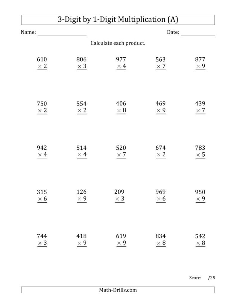 Multiplying 3 Digit1 Digit Numbers (A)