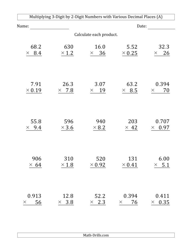 Multiplying 3 Digit2 Digit Numbers With Various Decimal