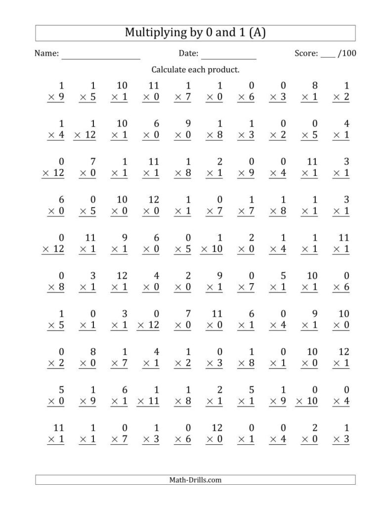 Multiplying0 And 1 With Factors 1 To 12 (100 Questions) (A)