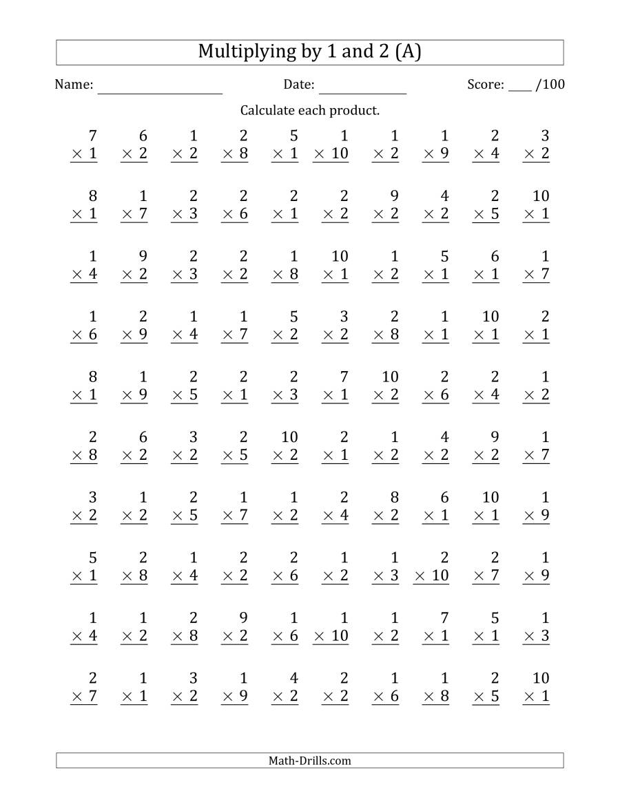 Multiplying1 And 2 With Factors 1 To 10 (100 Questions) (A)