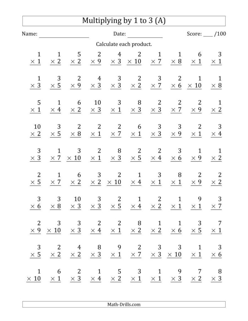 Multiplying1 To 3 With Factors 1 To 10 (100 Questions) (A)