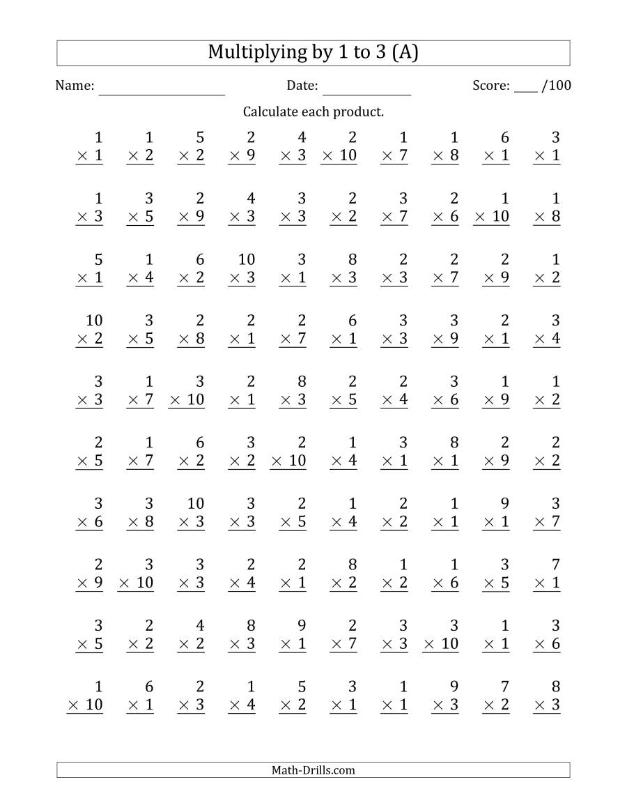 Multiplying1 To 3 With Factors 1 To 10 (100 Questions) (A)