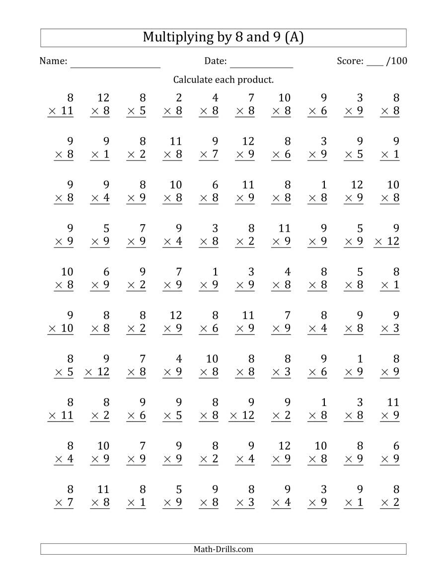 Multiplying8 And 9 With Factors 1 To 12 (100 Questions) (A)
