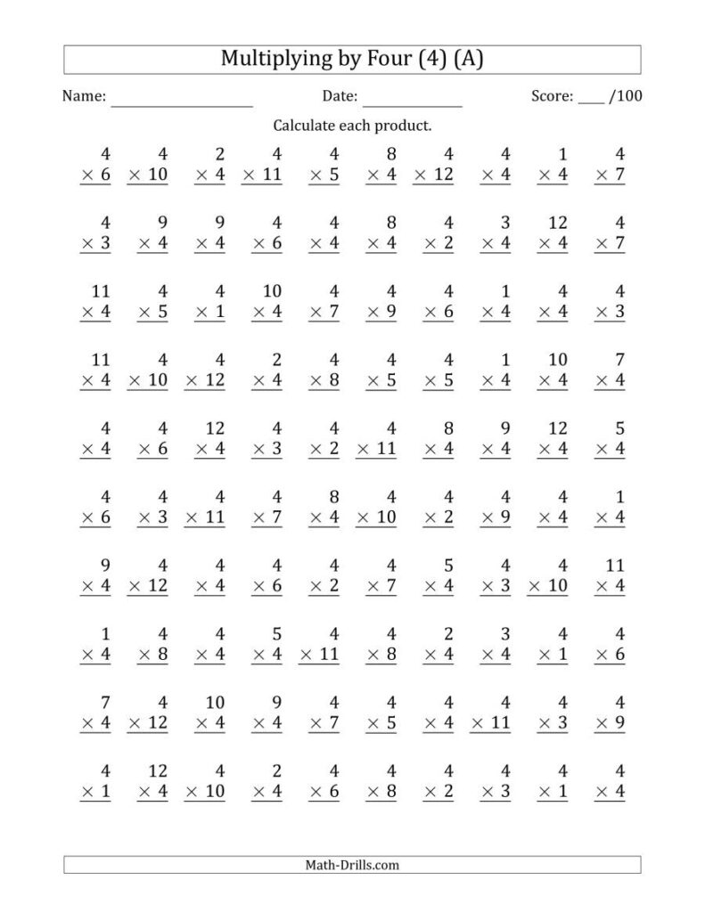 Multiplyingfour (4) With Factors 1 To 12 (100 Questions) (A)