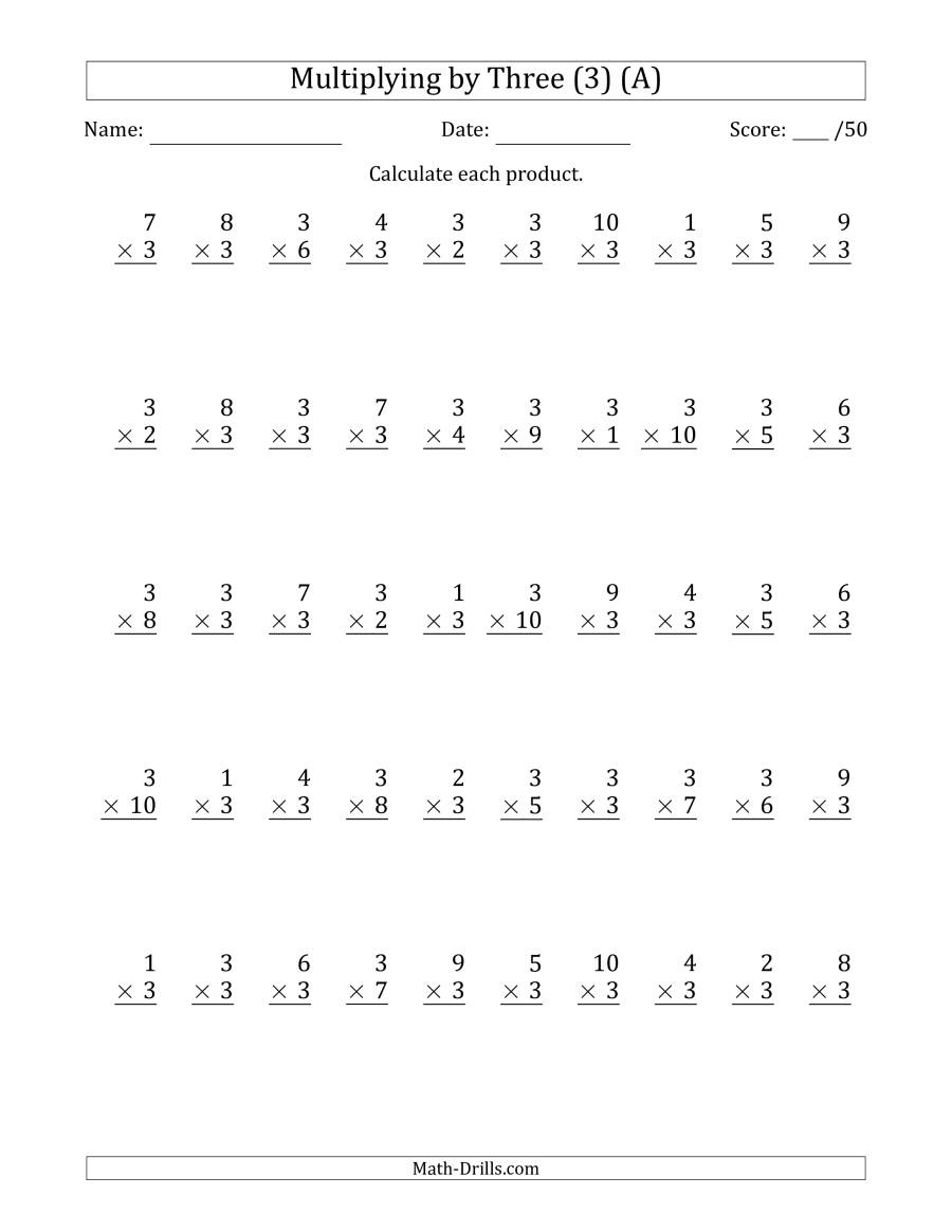 Multiplyingthree (3) With Factors 1 To 10 (50 Questions) (A)