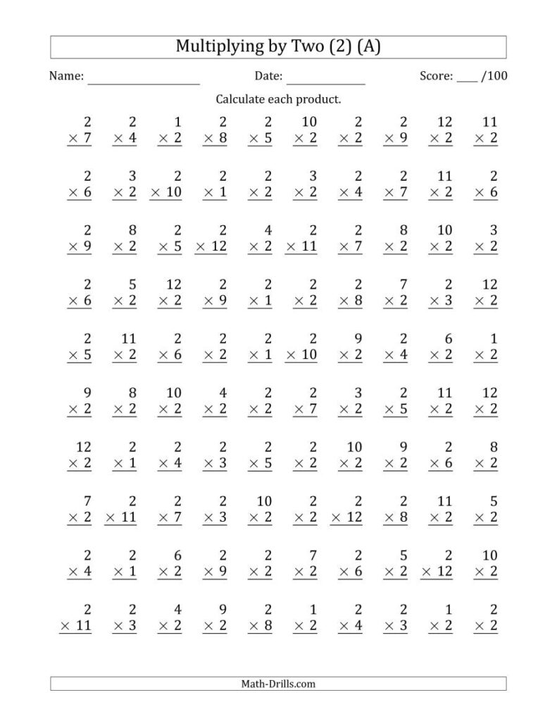 Multiplyingtwo (2) With Factors 1 To 12 (100 Questions) (A)