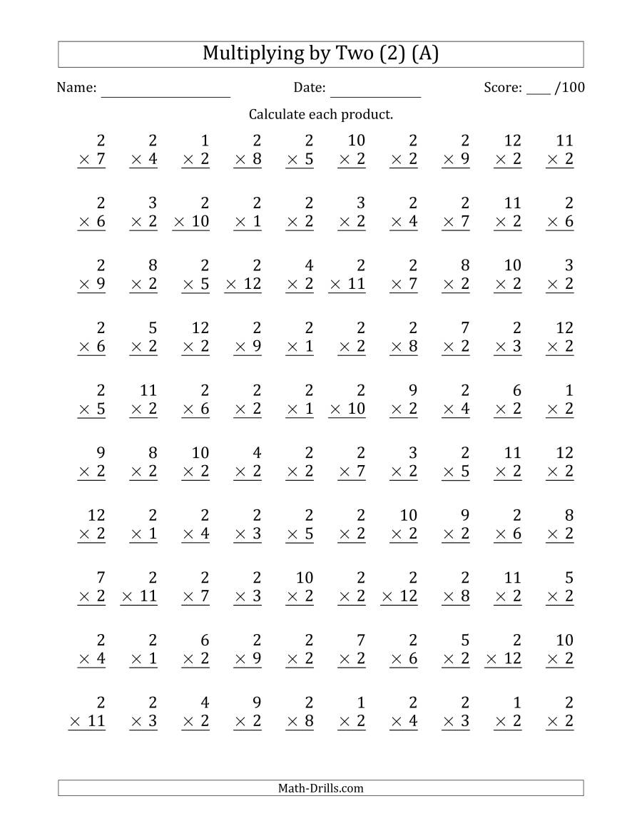 Multiplyingtwo (2) With Factors 1 To 12 (100 Questions) (A)