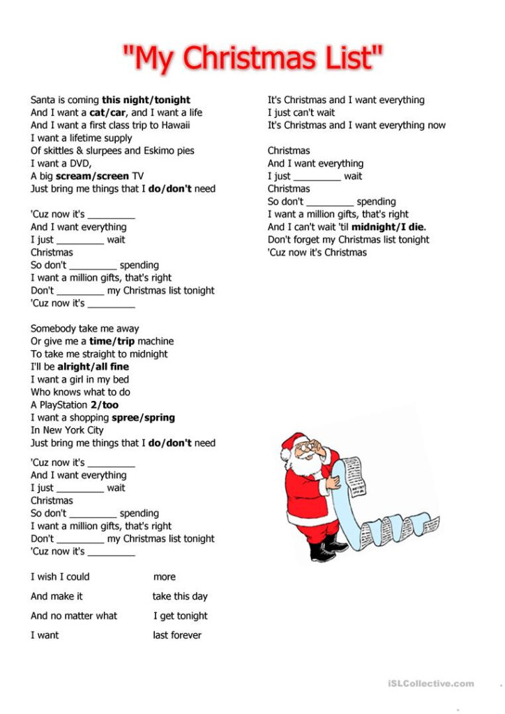 My Christmas List   English Esl Worksheets For Distance