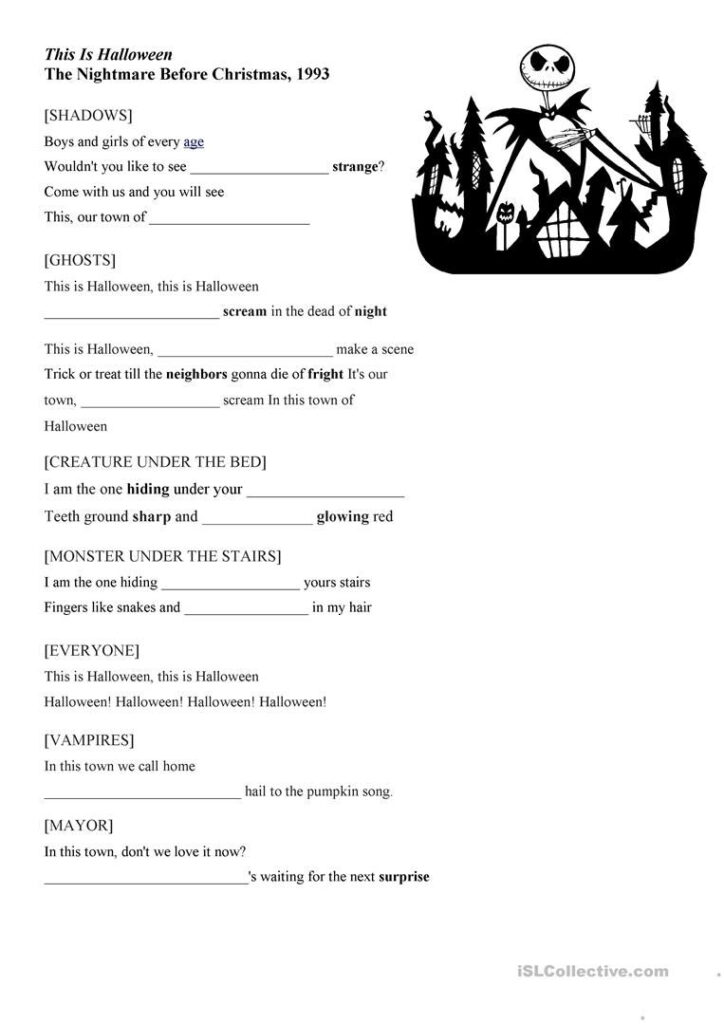 Nightmare Before Christmas Halloween Song Worksheet. Yt Link