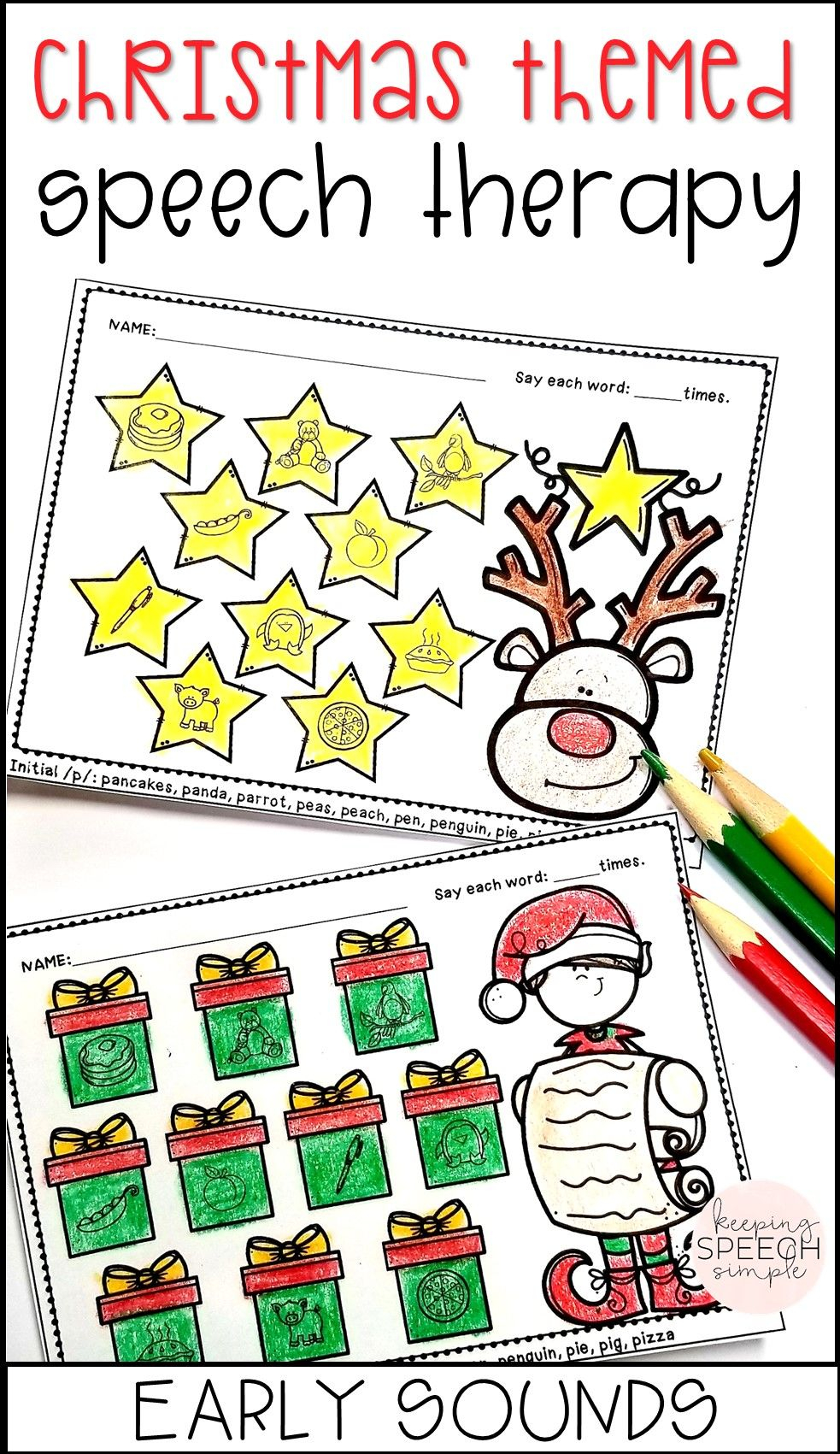 No Prep Christmas Worksheets - Early Sounds - For Speech