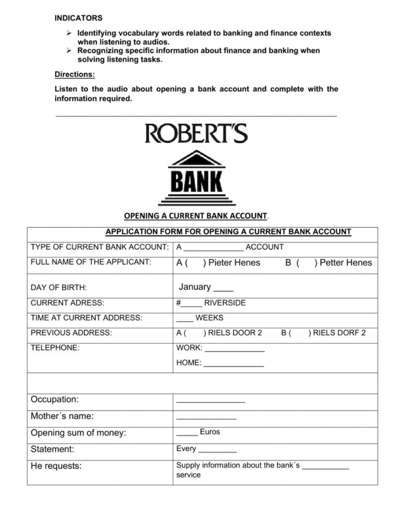 Opening A Bank Account Worksheet