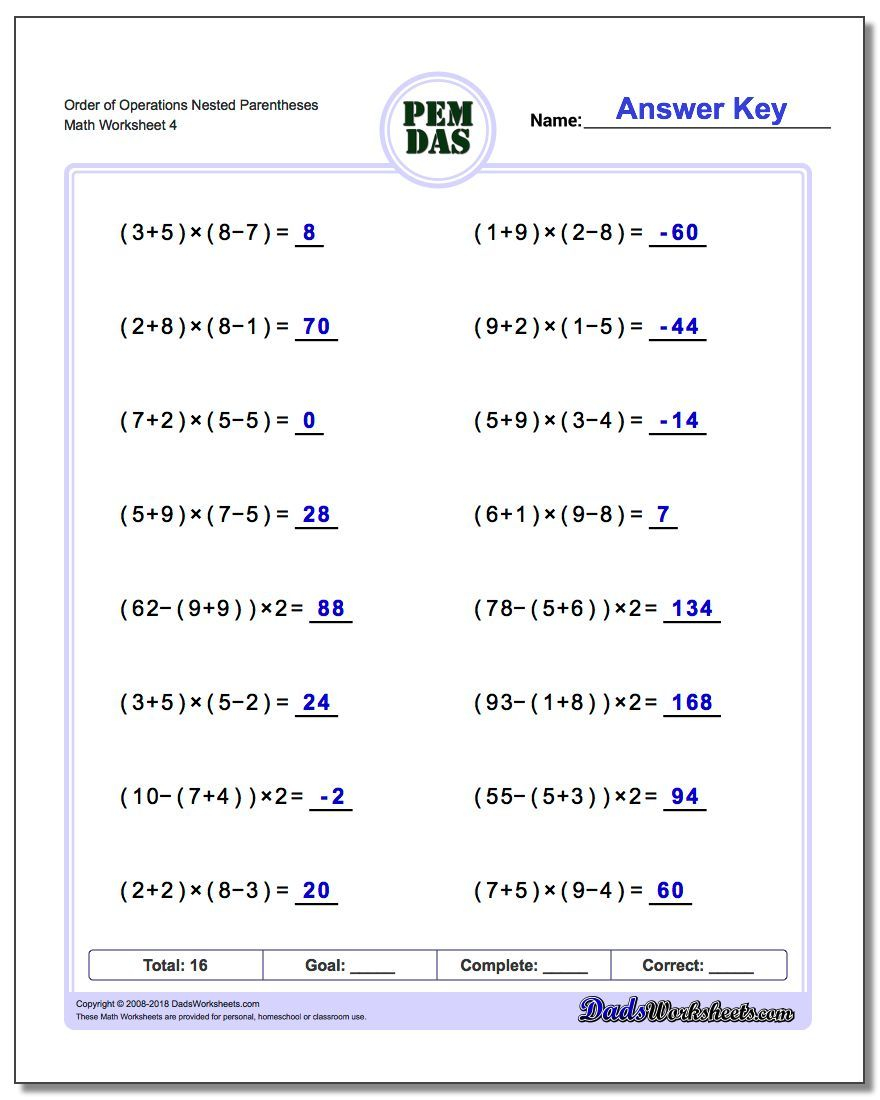 Order Of Operations Nested Parentheses Worksheets. Many Many
