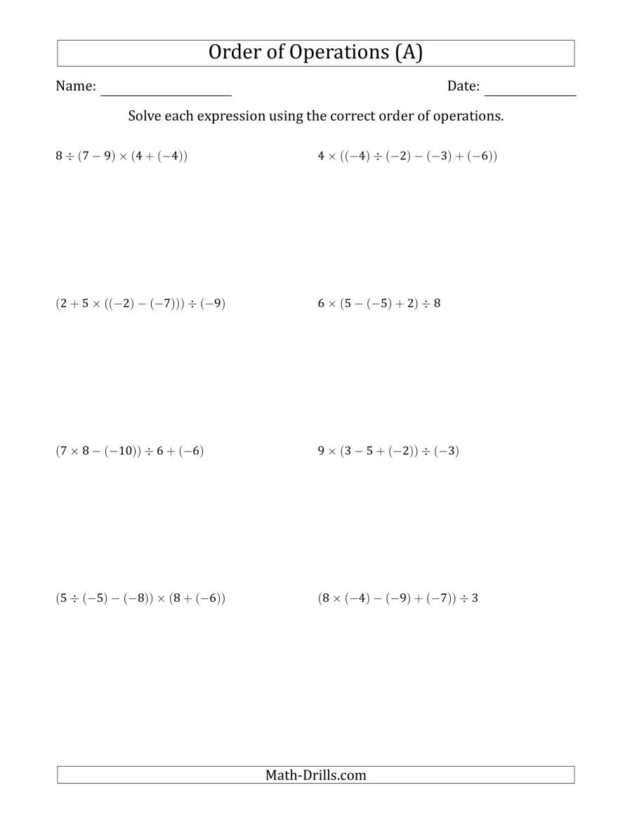 Order Of Operations With Negative And Positive Integers And