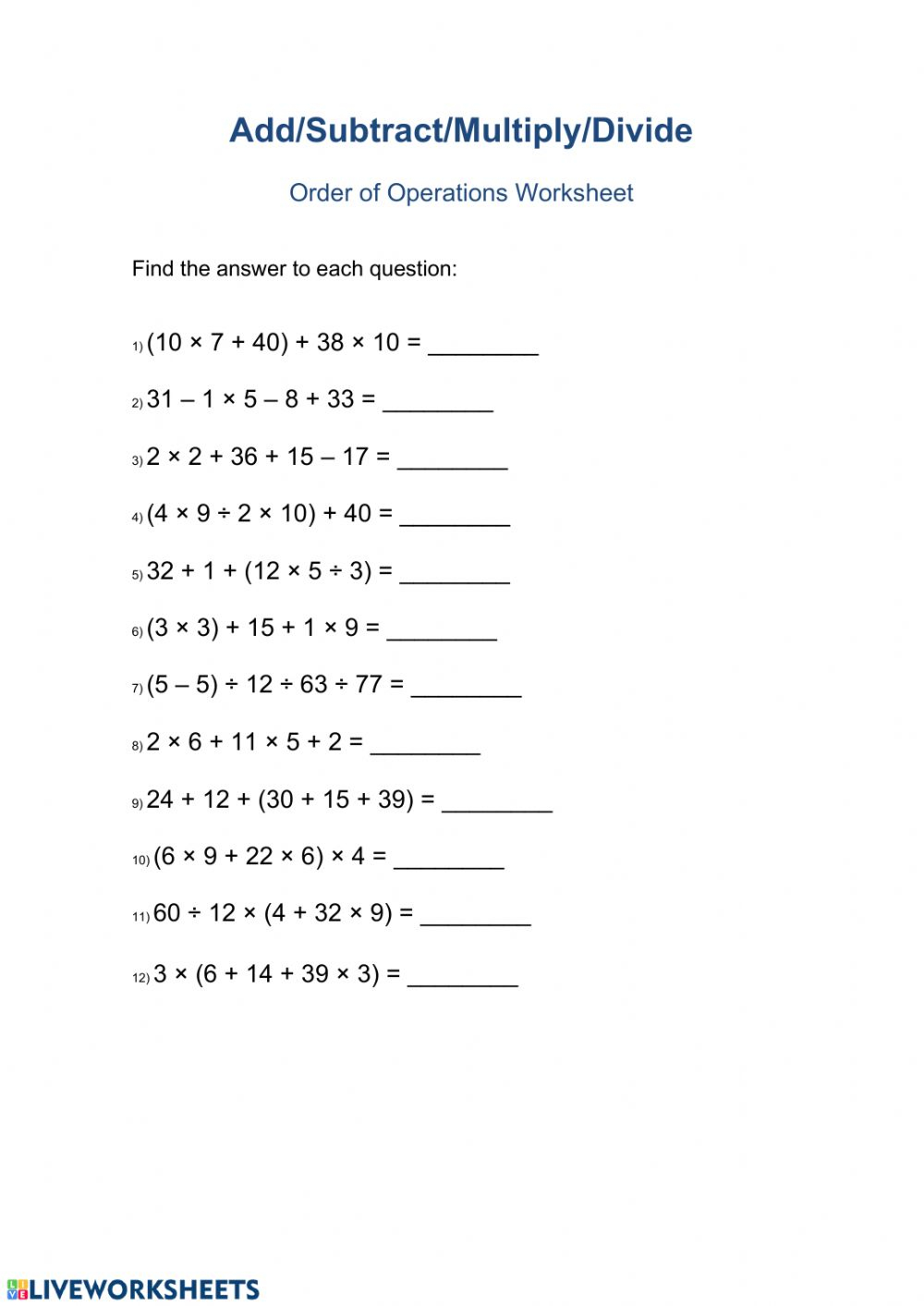 Order Of Operations Worksheet