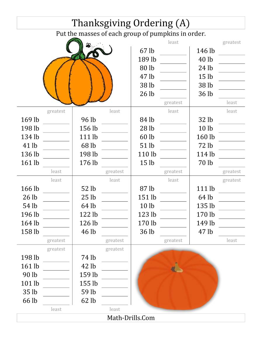 Ordering Pumpkin Masses In Pounds All Thanksgiving Math