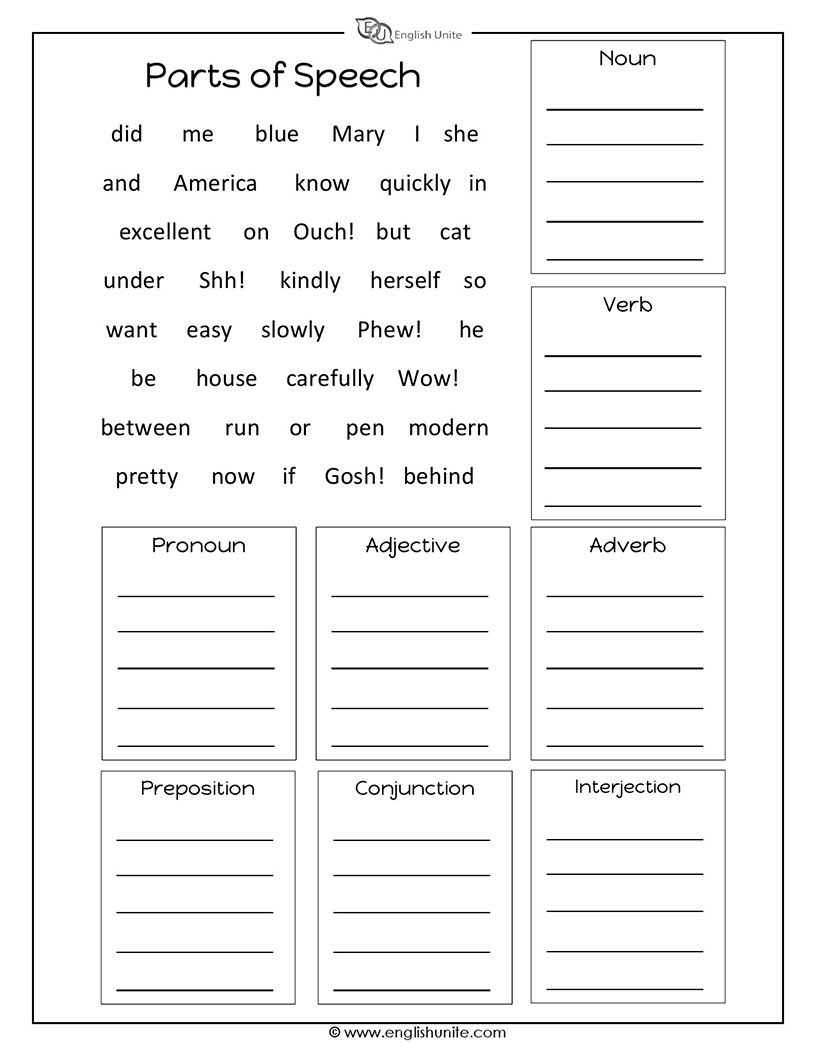 Parts Of Speech Worksheet English Unite Worksheets Find The