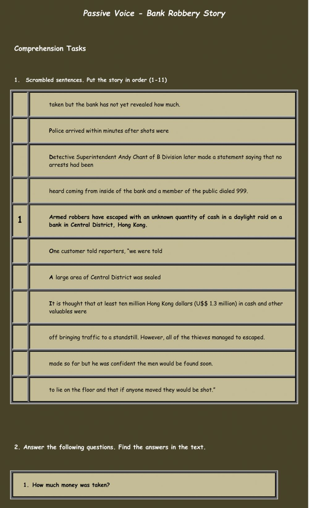 Passive Voice - Bank Robbery Story Worksheet