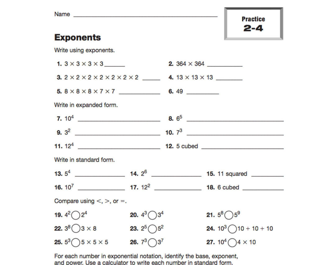 Patterns In Numbers   Using Exponents Printable (5Th   6Th
