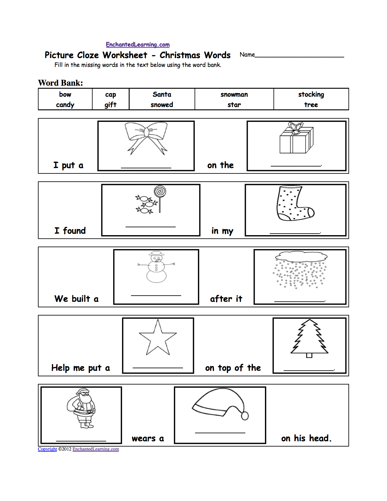 Picture Cloze Worksheet - Holiday And Seasons Words