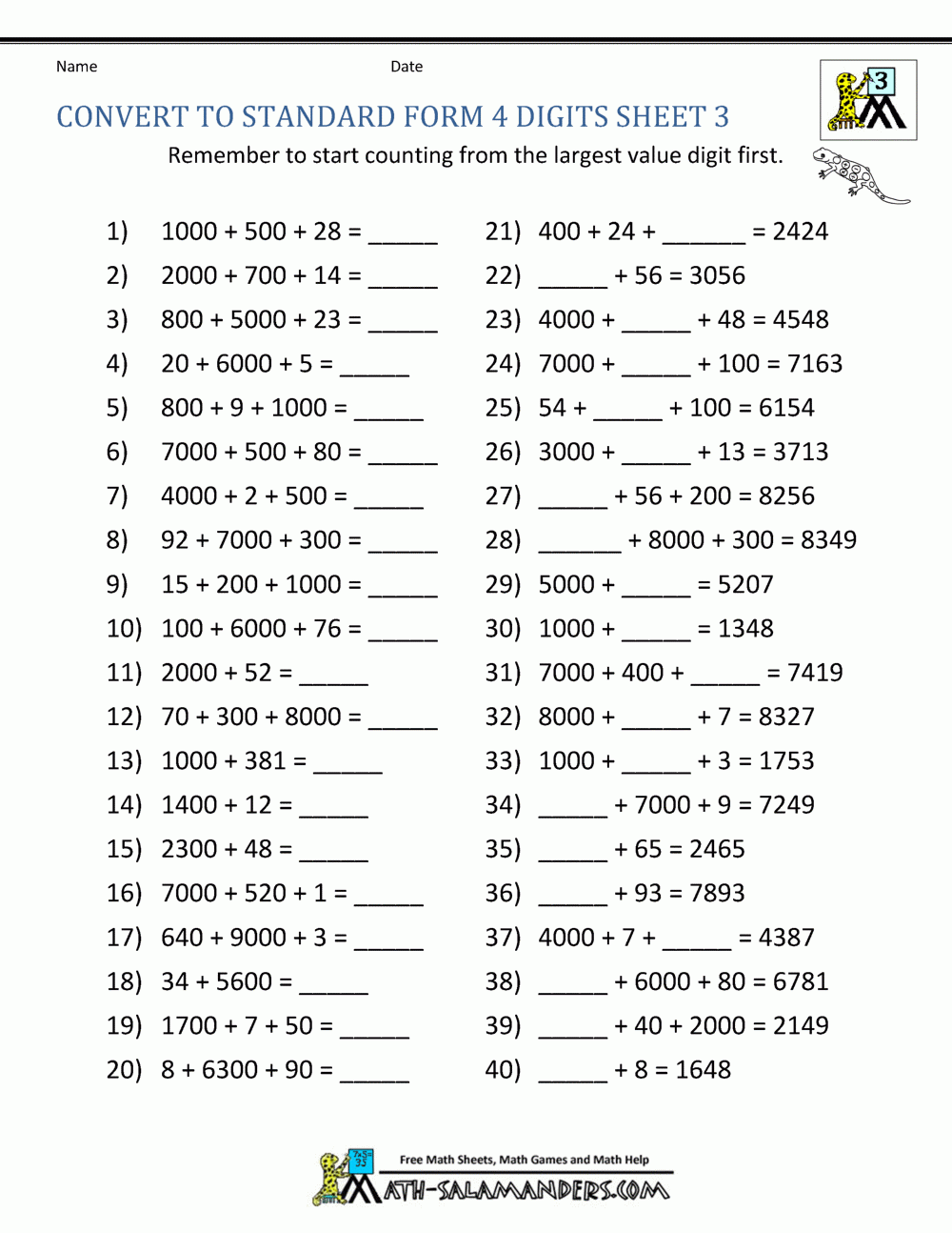 Place Value 4 Digit Numbers