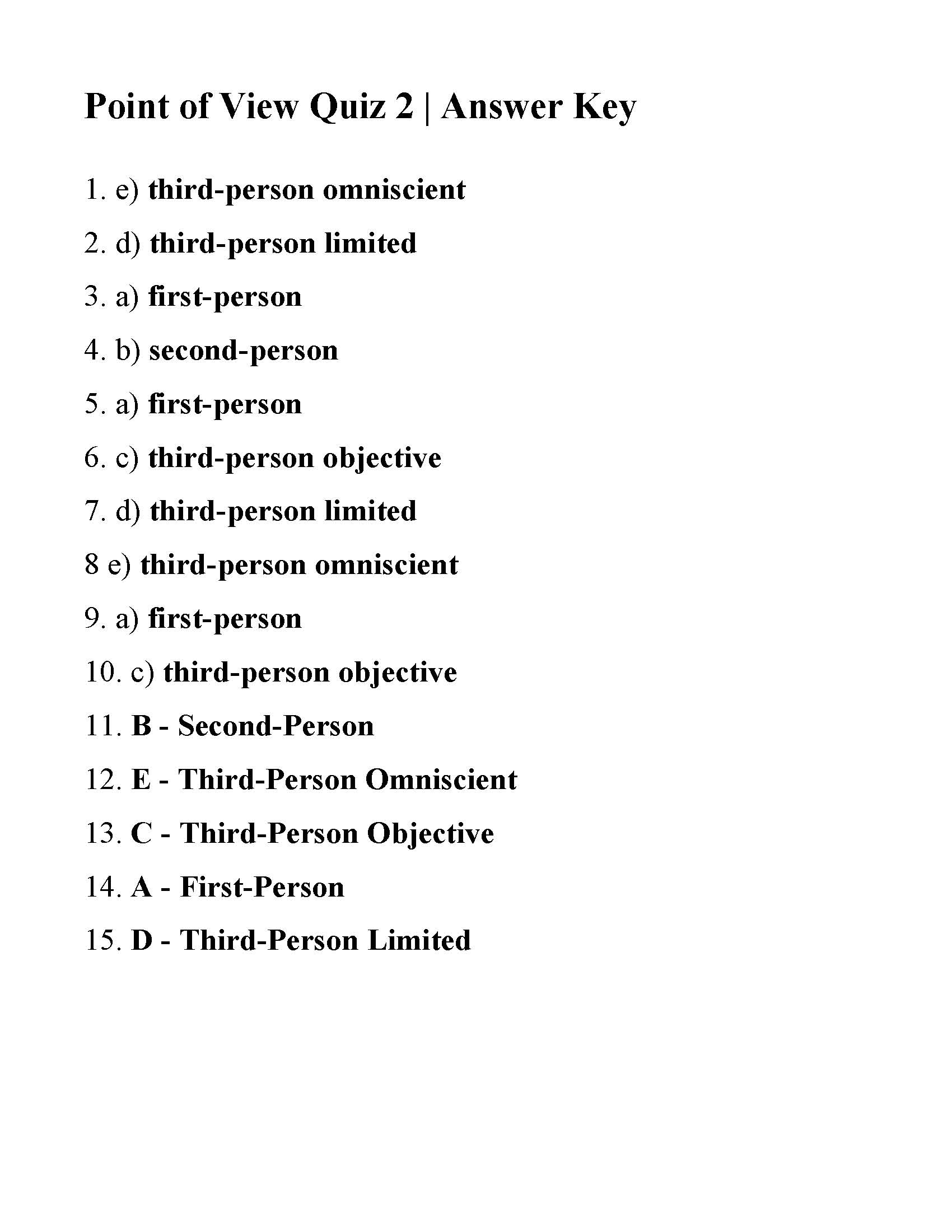 Point Of View Quiz Answers Ereading Worksheets Pre Algebra