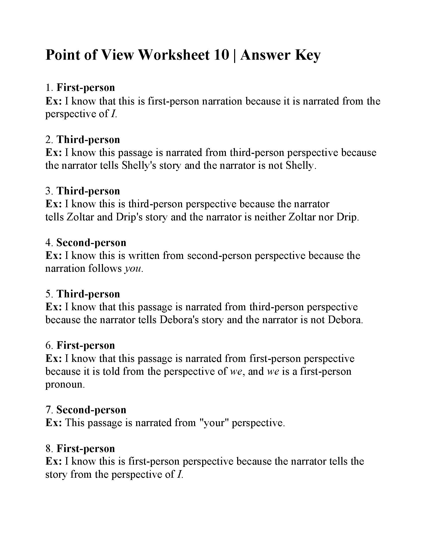 Point Of View Worksheet 10 | Answers