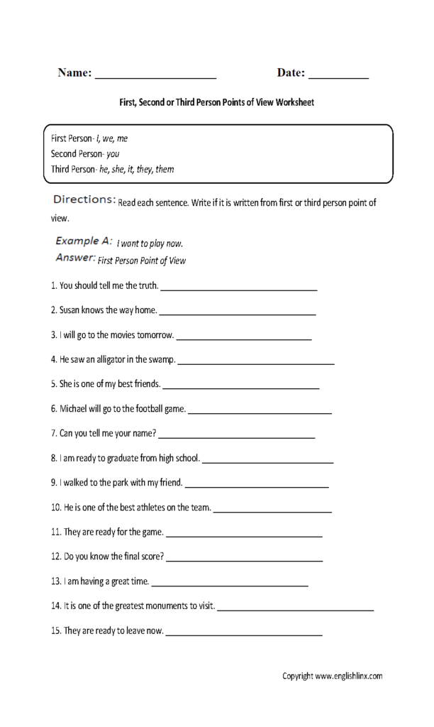 Point Of View Worksheets | First, Second And Third Person
