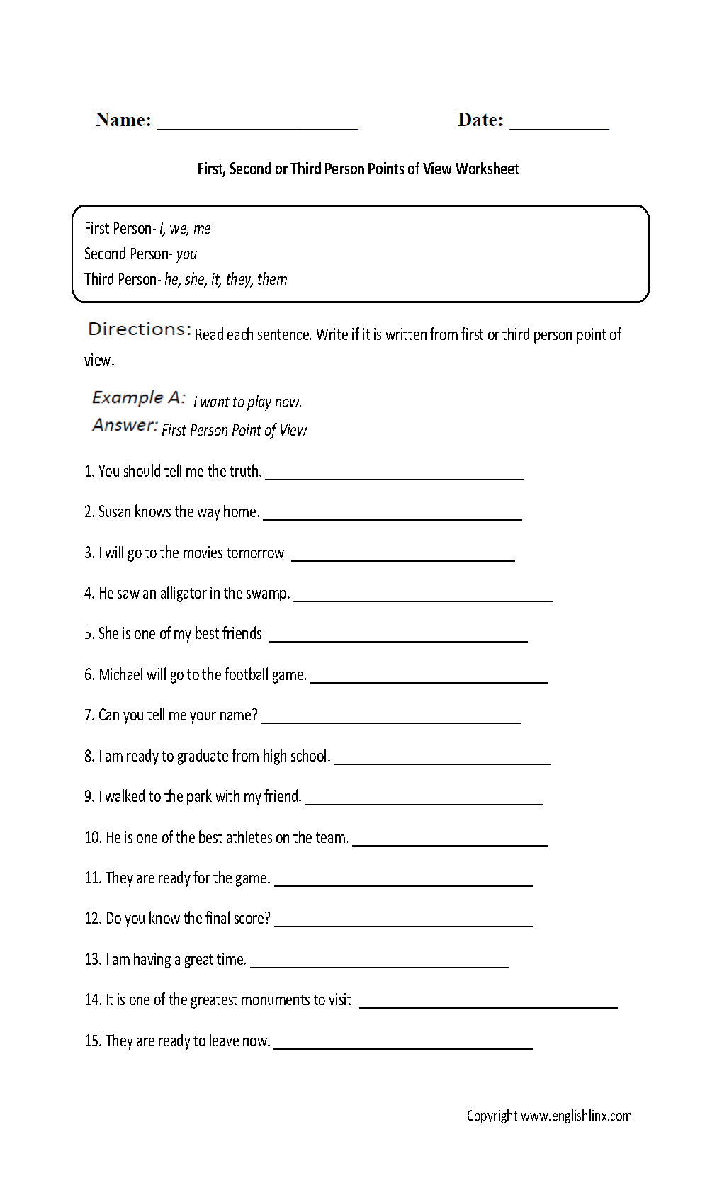 Point Of View Worksheets | First, Second And Third Person