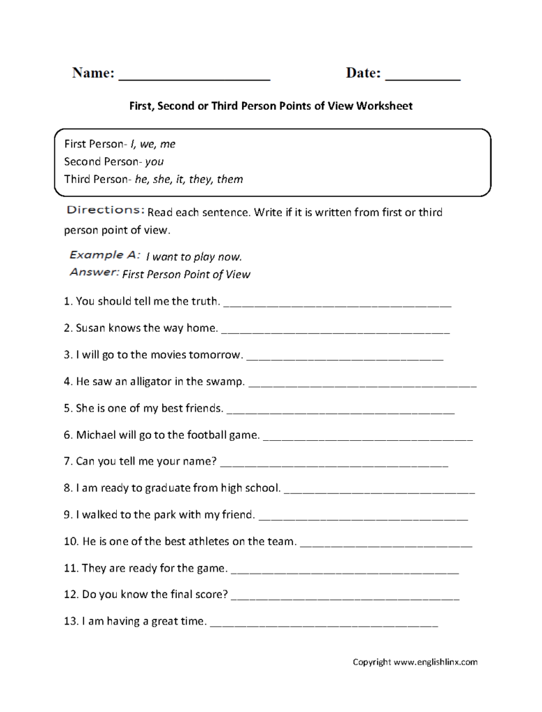 Point Of View Worksheets | First, Seconnd Or Third Person