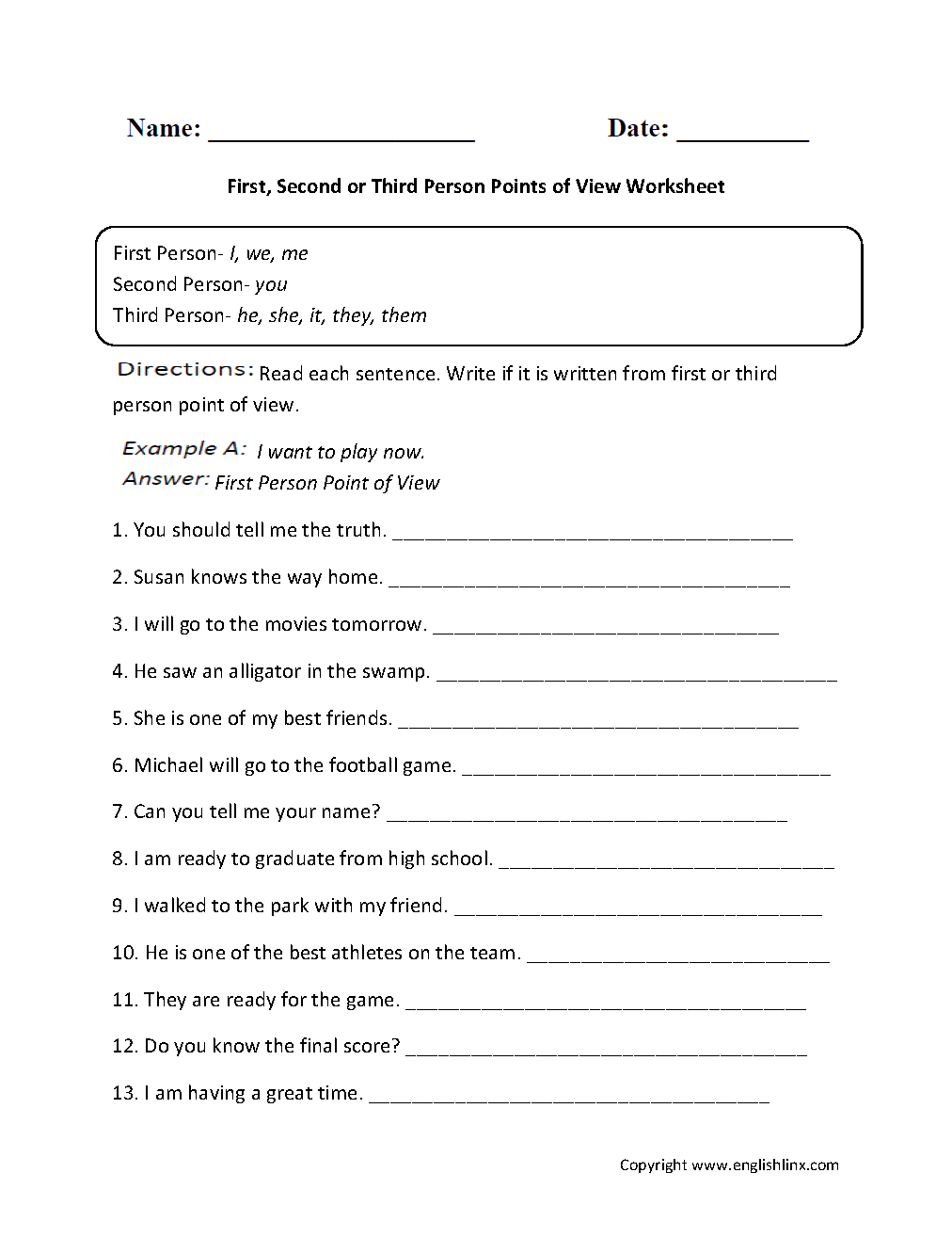 Point Of View Worksheets | First, Seconnd Or Third Person