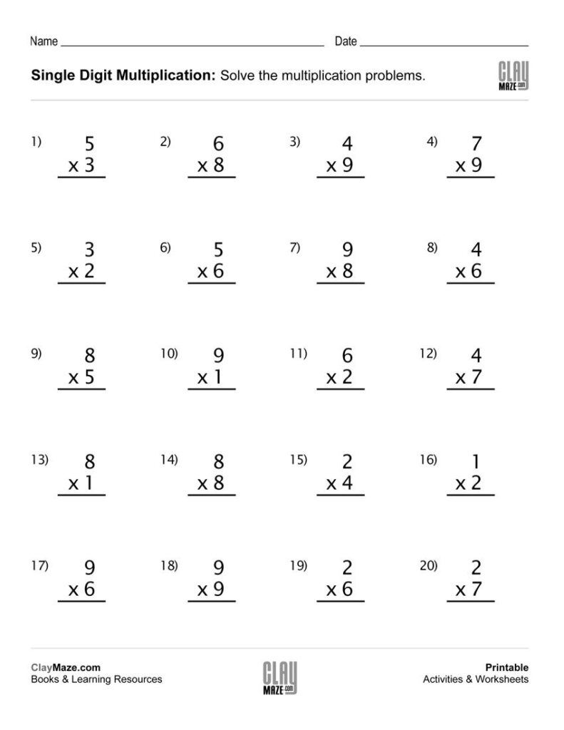 Practice Worksheet With Single Digit Multiplication 20 Practice Worksheet With Single Digit Multiplication 20
