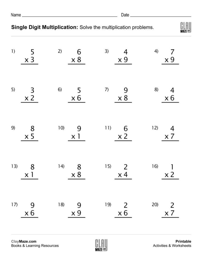 Practice Worksheet With Single Digit Multiplication   20