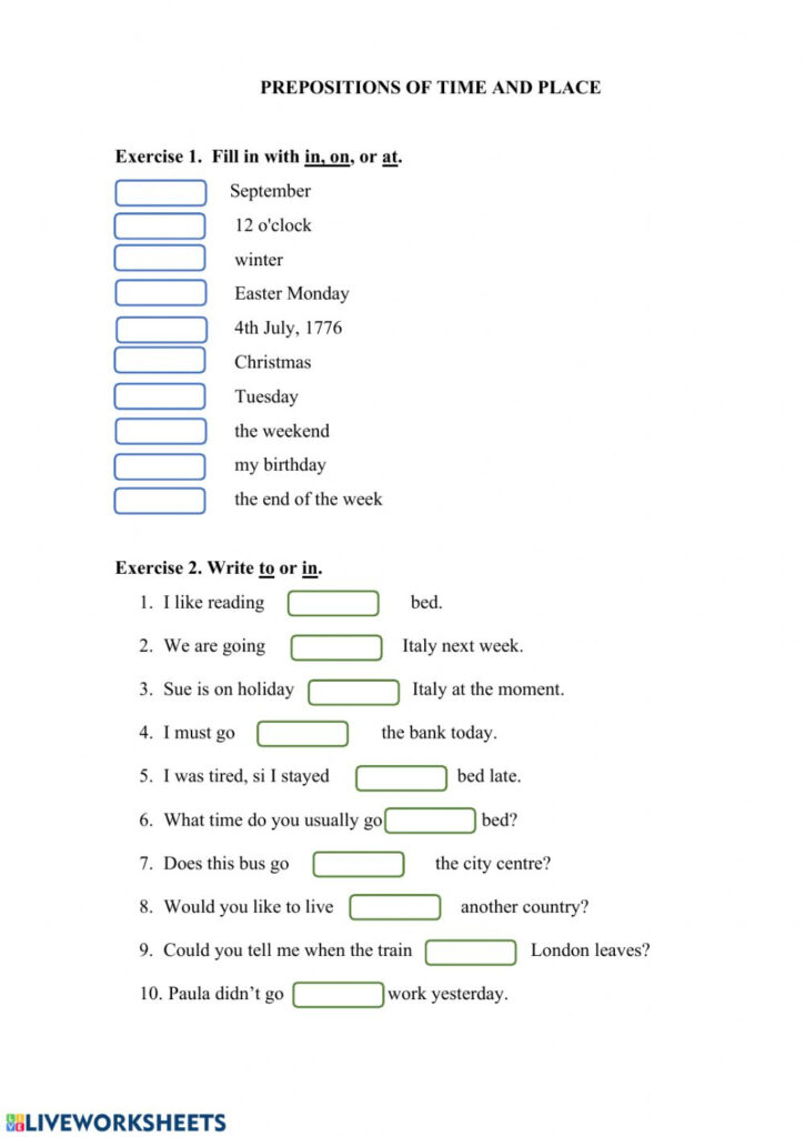 Prepositions Of Time And Place Worksheet