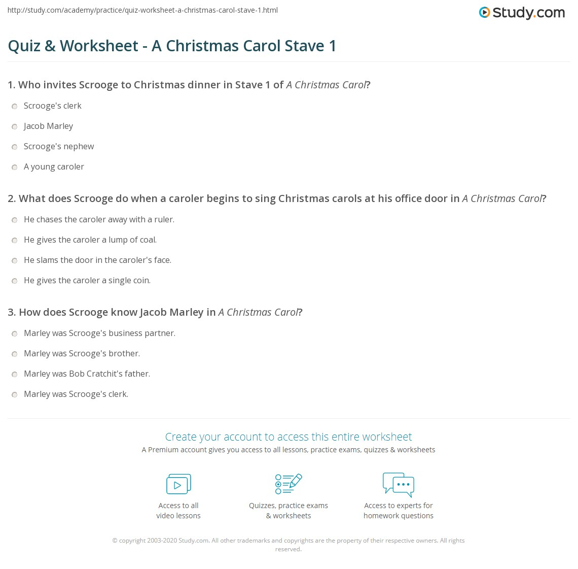 Quiz &amp;amp; Worksheet - A Christmas Carol Stave 1 | Study