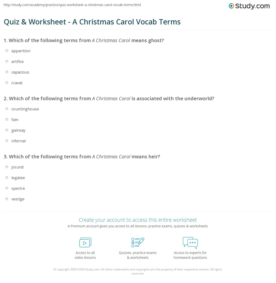 Quiz &amp;amp; Worksheet - A Christmas Carol Vocab Terms | Study